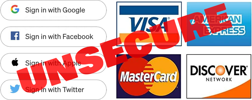 Google, Twitter, Facebook, Apple, Fiat, Mastercard, Visa, American Express, Discover, Credit Cards, Unsecure Centralized storage of personal data and funds